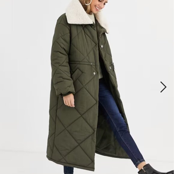 ASOS DESIGN Quilted Maxi Puffer Coat with Borg Collar in khaki - Picture 1 of 10